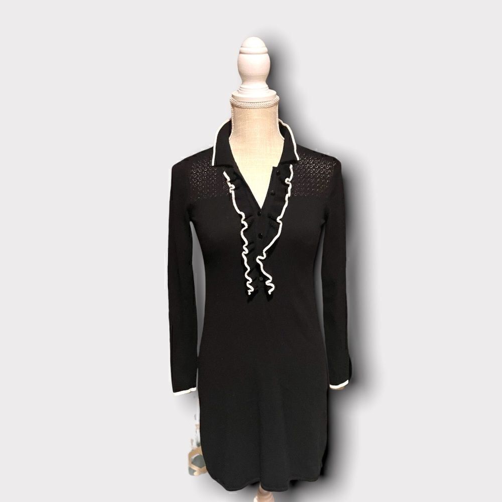 Shoshanna | Women’s Small Mini Sweater Dress Black with Contrasting White Trim